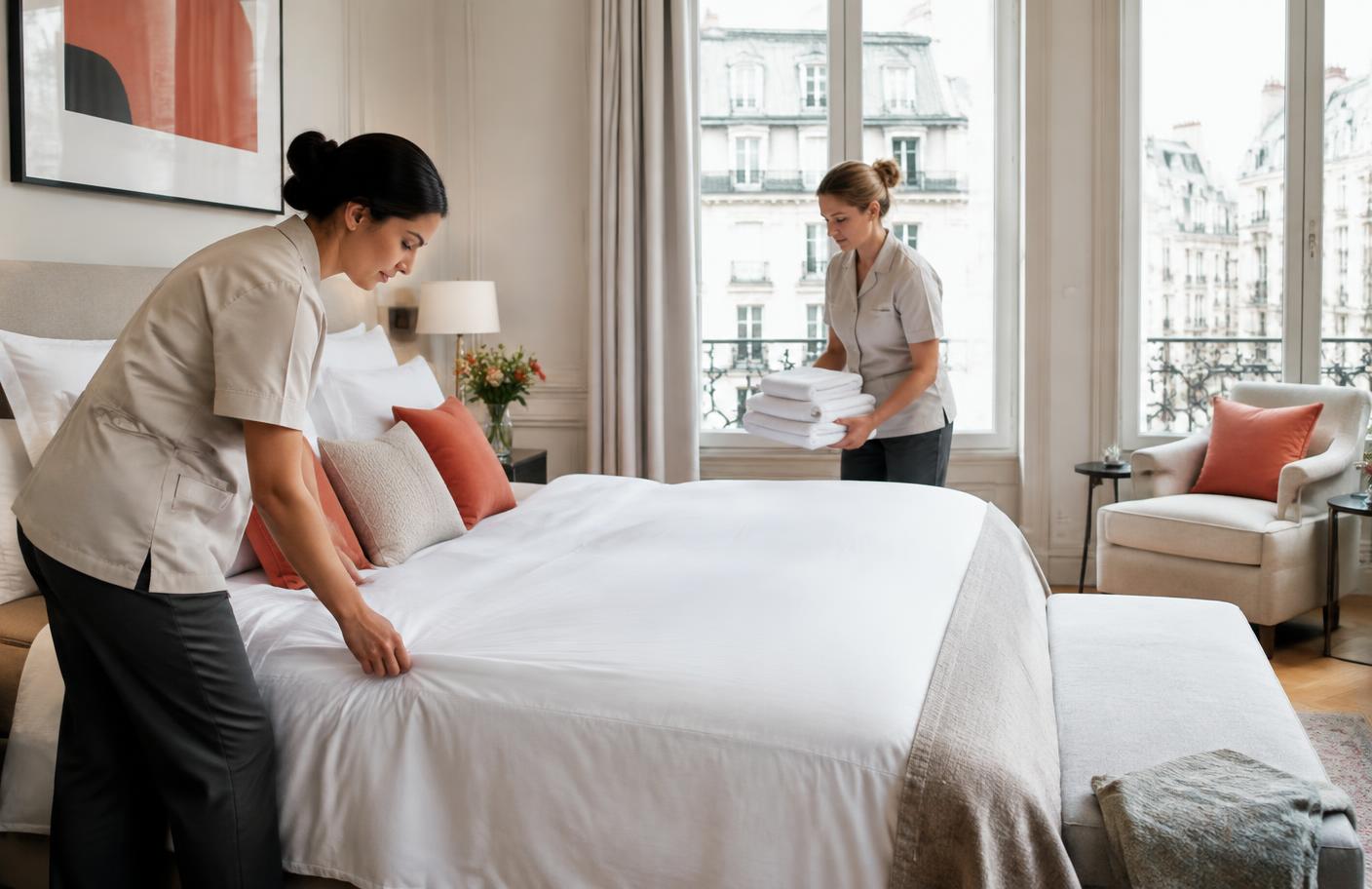 Équipe préparant le lit et le linge dans un appartement haut de gamme